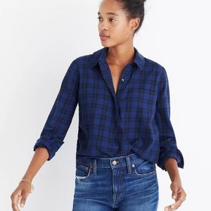 MADEWELL Women’s Wrap-Front Shirt Arion Blue  Plaid Hi Low Hem Size Large